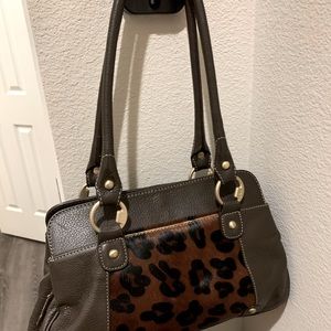 JNY D. Brown Leather & Calf Fur. Double top Handle Satchel. Antique hardware.